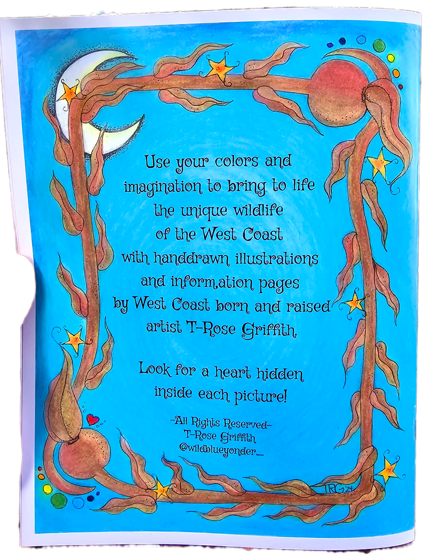 West coast Wildlife coloring book back cover moon and kelp illustration