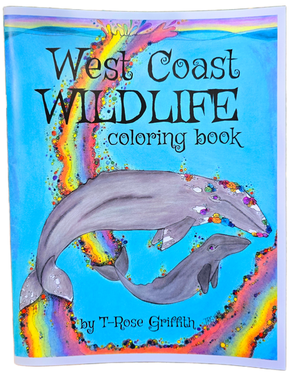 West coast Wildlife coloring book handdrawn illustrations animals habitats plants information pages colouring book art gray whale mother and calf rainbow illustration fantasy wildlife nature