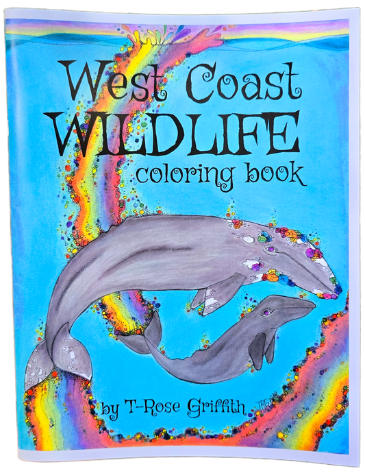 West coast Wildlife coloring book handdrawn illustrations animals habitats plants information pages colouring book art gray whale mother and calf rainbow illustration fantasy wildlife nature