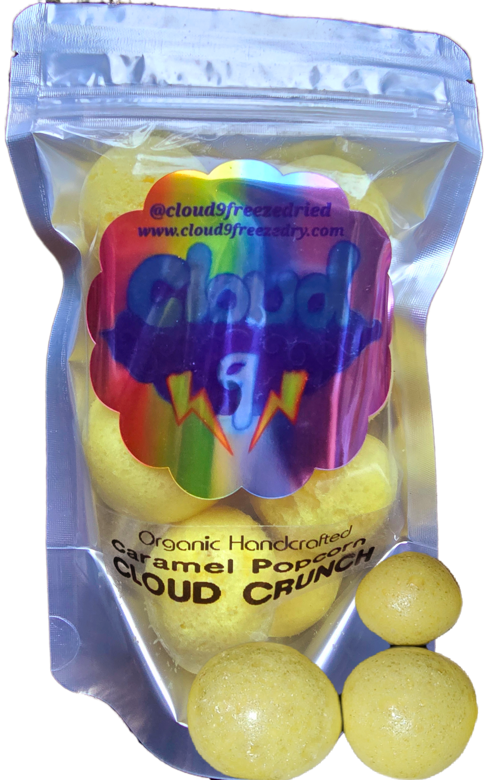 Freeze dried Cloud crunch handcrafted salt water taffy caramel popcorn flavored gourmet 