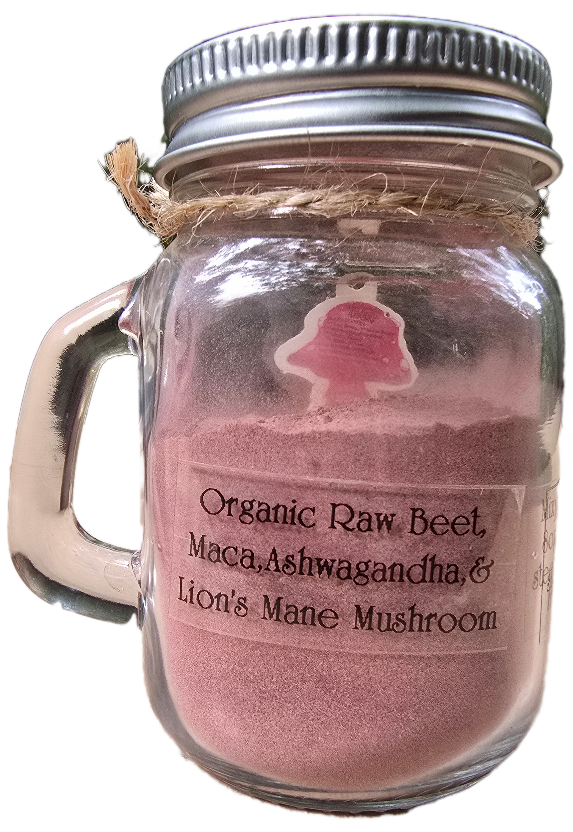 Large roots rawsta drink mix back ingredients list maca beet Ashwagandha lions mane mushroom superfood pink drink beverage matcha style