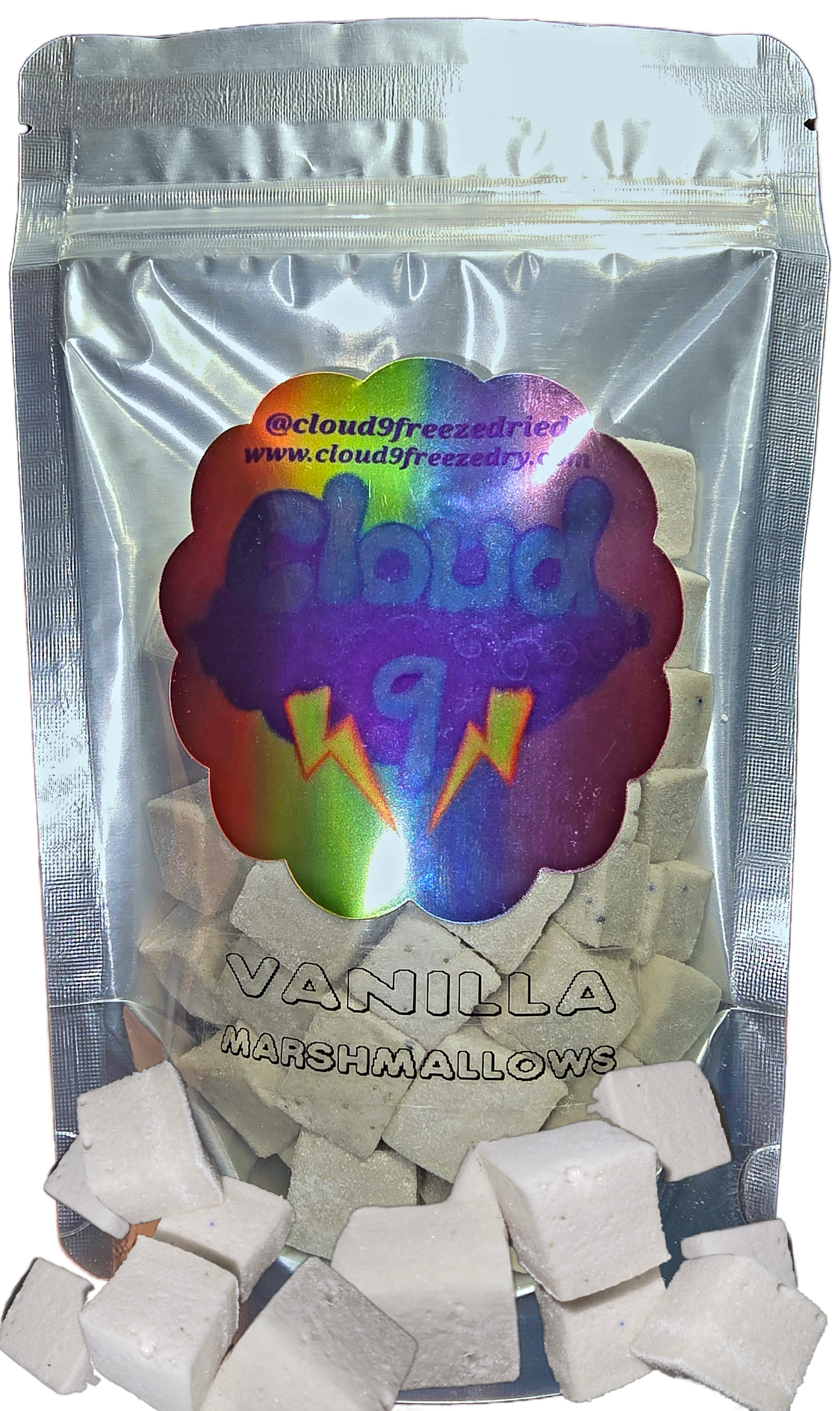 Vanilla marshmallows in a cloud 9 bag