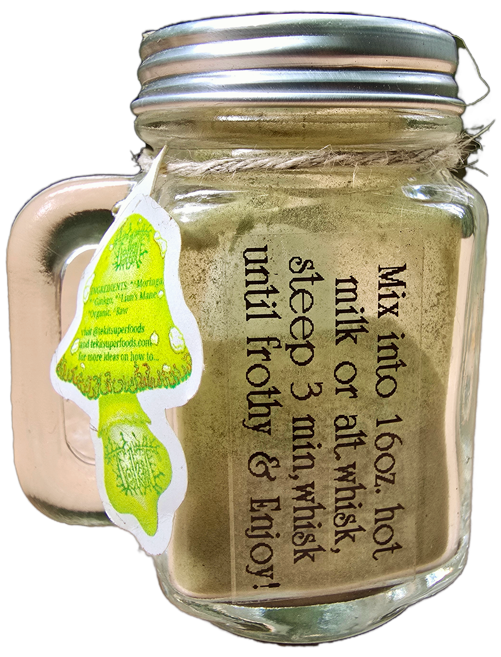 Back side of tekit superfood Jah Mystic moringa matcha style drink mix organic raw functional fungi beverage