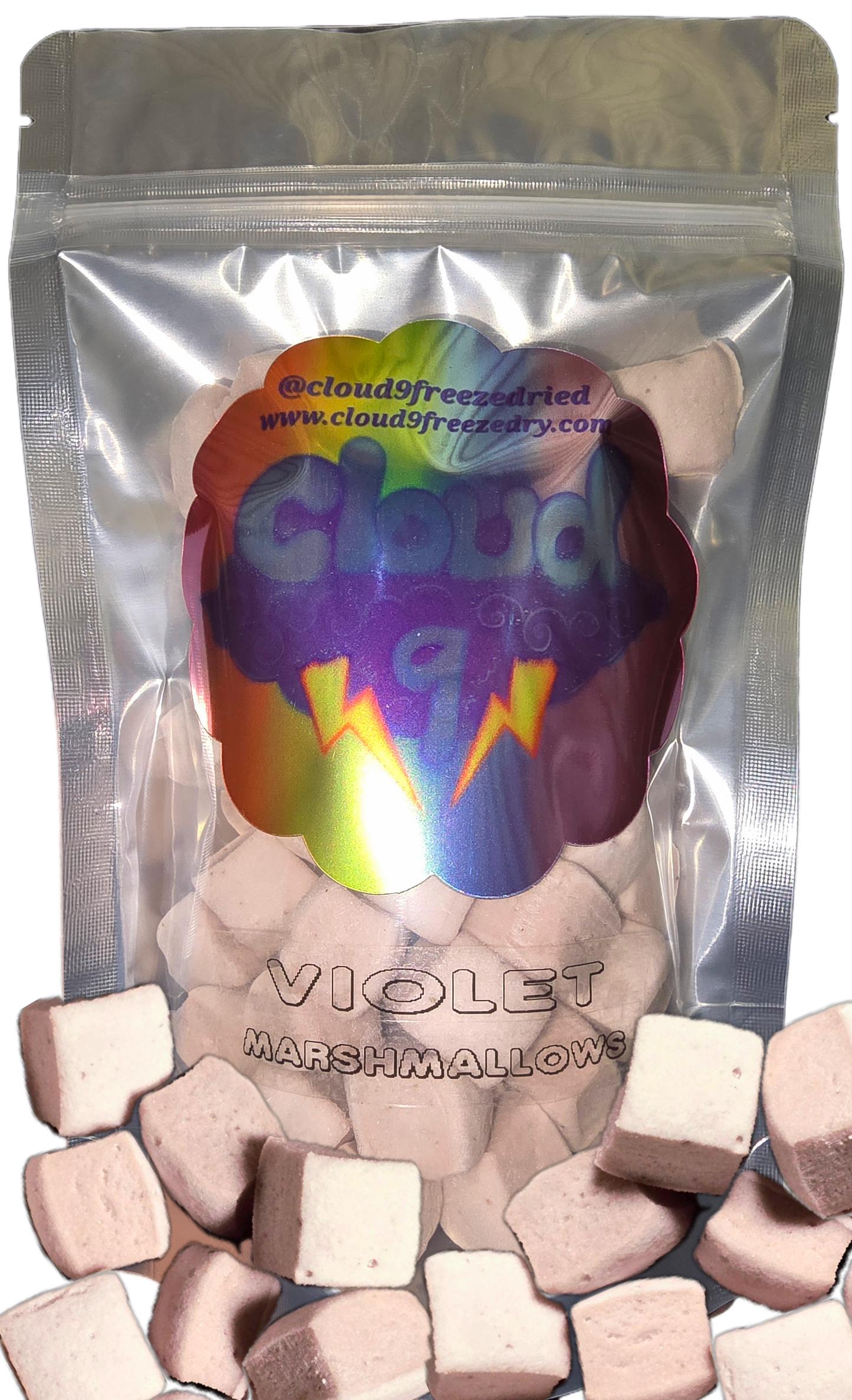 Violet handcrafted gourmet marshmallows in a 5x7x3 cloud 9 bag