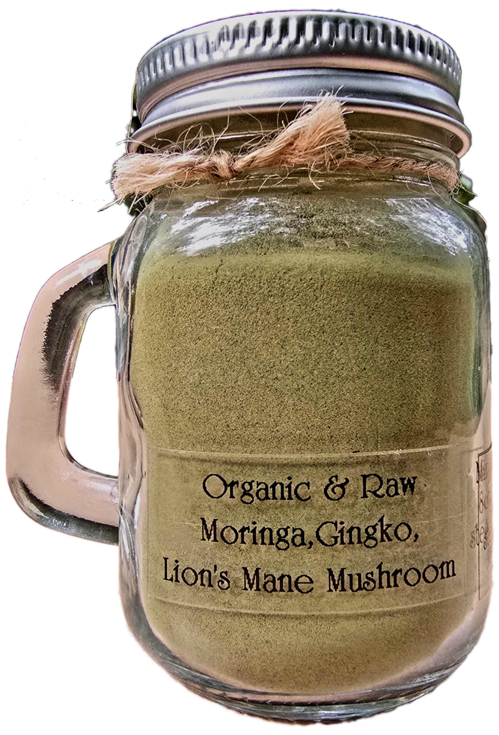 Organic raw tekit superfoods moringa green drink mix backside ingredients moringa gingko lions mane mushroom beverage powder